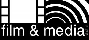 Logo for Film and Media Studies. Includes text and a graphic displaying a film strip and what looks like sound waves.
